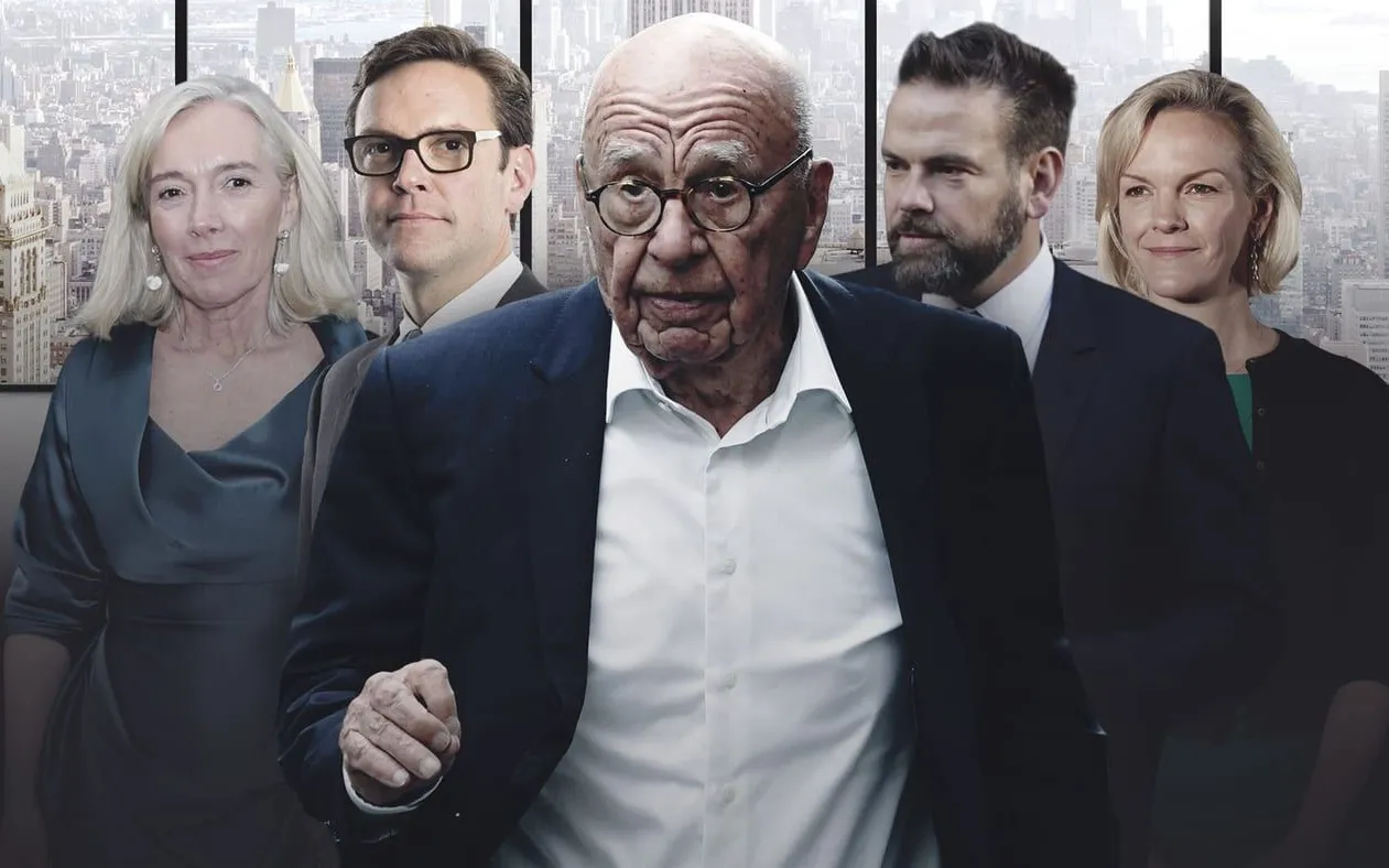 Rupert Murdoch surrounded by imagery evoking his media empire and the family succession battle over his billions