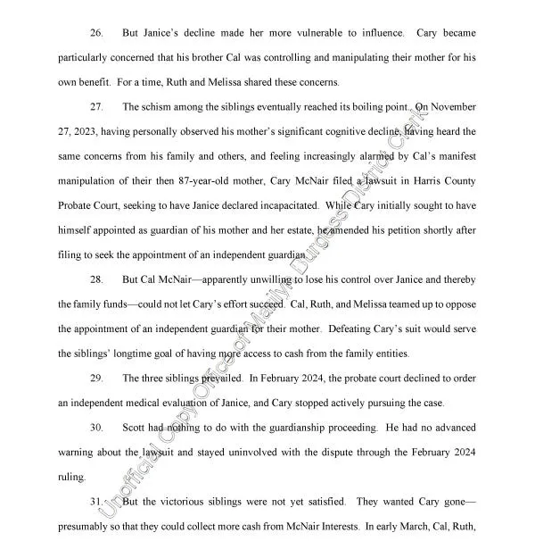 Additional court filing document from Schwinger lawsuit against McNair Interests